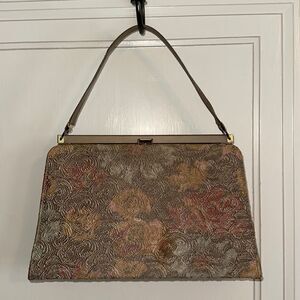 Vintage Johansen taupe, gold, pink & yellow swirl‎ pattern arm bag
